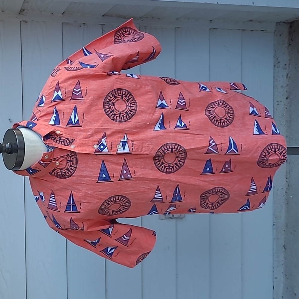 REYN SPOONER‎ Orange Blue Yachting Flags Pattern Cotton L Short Sleeve Shirt VTG